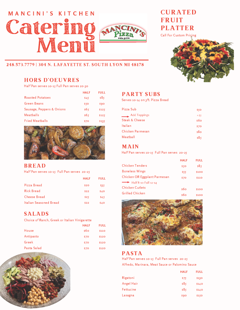 mancini's a la carte catering menu